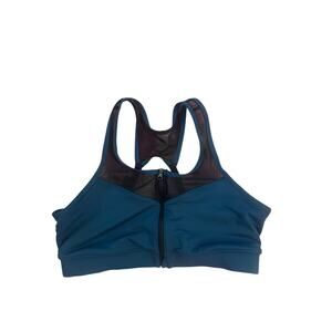 Women L Handful Zip Front Teal Blue Black Sports Bra Mesh Black